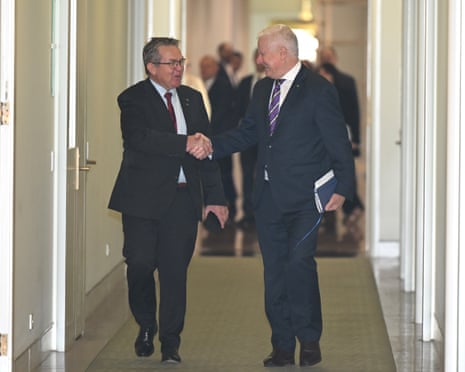 s MPs Michael McCormack and Colin Boyce arrive for a s party room meeting.