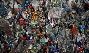 Crushed plastic bottles at a recycling facility