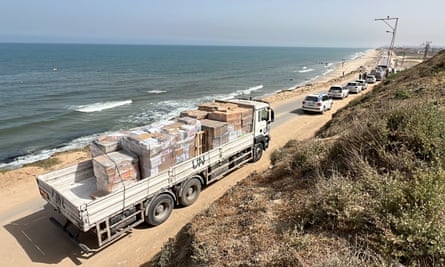 A aid truck waiting for Israeli permission to enter Gaza 