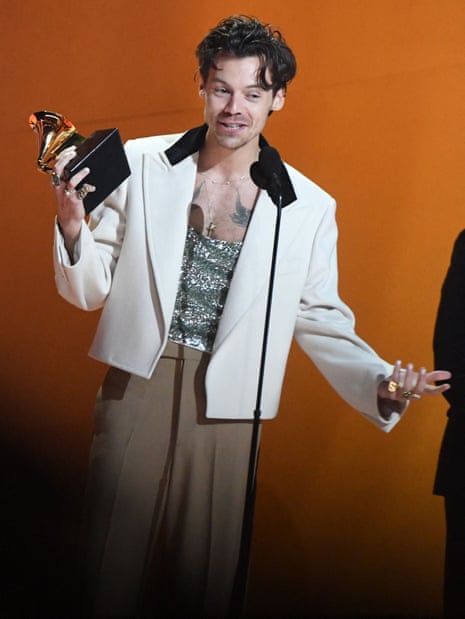 US-ENTERTAINMENT-MUSIC-GRAMMY-AWARD-SHOWEnglish singer-songwriter Harry Styles accepts the award for Album Of The Year for "Harrys House" during the 65th Annual Grammy Awards at the Crypto.com Arena in Los Angeles on February 5, 2023. (Photo by VALERIE MACON / AFP) (Photo by VALERIE MACON/AFP via Getty Images)