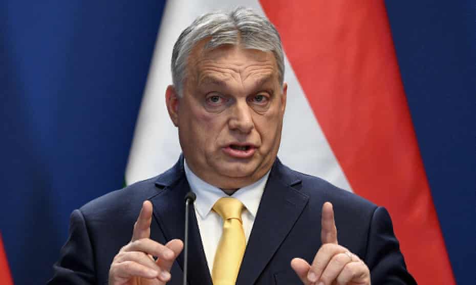 Viktor Orbán, Hungary’s prime minister, at his annual press conference in Budapest, in which he claimed a ‘global Soros network’ was against Boris Johnson. 