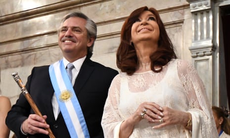 Fernández and the new vice-president, former president Cristina Fernández de Kirchner, pose during the presidential inauguration in Buenos Aires.