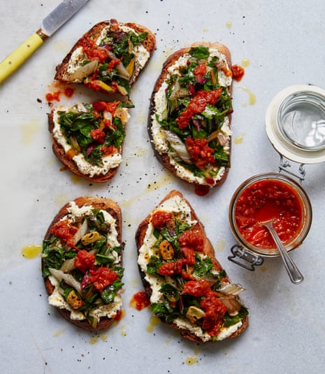 Summer bounty: Thomasina Miers' greens on toast with late-summer tomato jam.