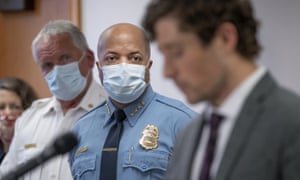 Minneapolis Police Chief Medaria Arradondo, center, listens as Minneapolis Mayor Jacob Frey holds a news conference last week on the death of George Floyd and the ensuing protests.
