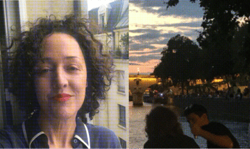 Two images side by side: one of a selfie of a woman wearing a blue button-down shirt, and the other of a man and woman sitting by the water at night