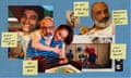 collage of photos of Khursheed Salam at different ages, along with his children. around the pictures are images of post-it notes with messages like 'do not feed solid food' and 'call rehab facility'