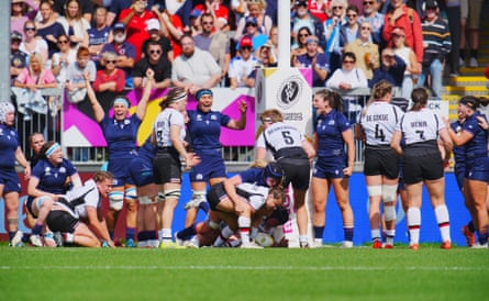 Scotland celebrate after a Canada knock on at Sandy Park but the North Americans would come out on top