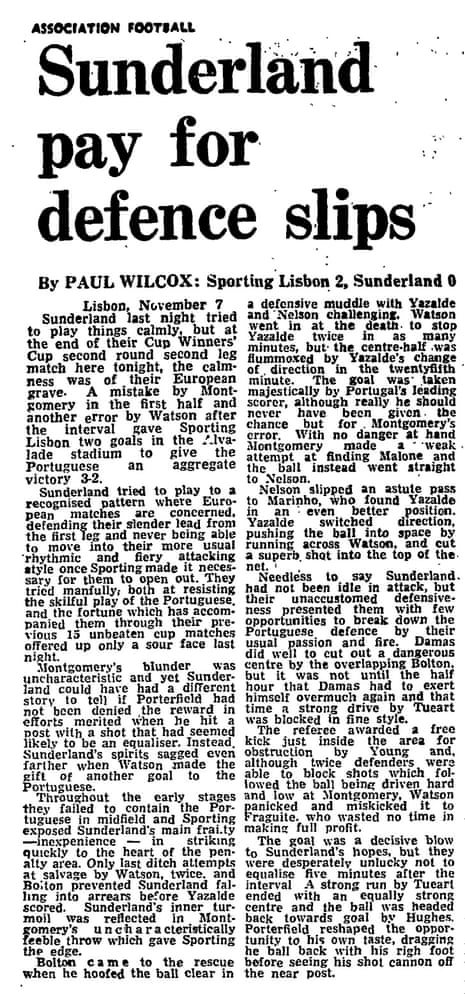 Sunderland v Sporting match report from The Guardian, 1973.