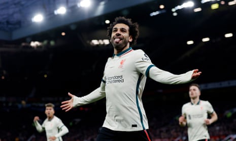 Liverpool's Mohamed Salah celebrates scoring Liverpool’s fifth goal and his hat-trick.