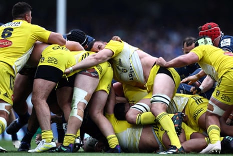 La Rochelle's players get packed in a scrum during the European Champions Cup final rugby union match between Leinster and La Rochelle at the Aviva Stadium.