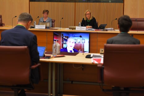 Minister for Aged Care Richard Colbeck appears via video link at the Senate Inquiry into Covid-19 at Parliament House in Canberra in Canberra.