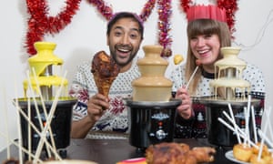 Rhik Samadder and Felicity Cloake with their hacked chocolate fountains and other party treats
