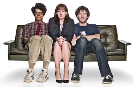Moss (Richard Ayoade), Jen (Katherine Parkinson) and Roy (Chris O’Dowd) in The IT Crowd.