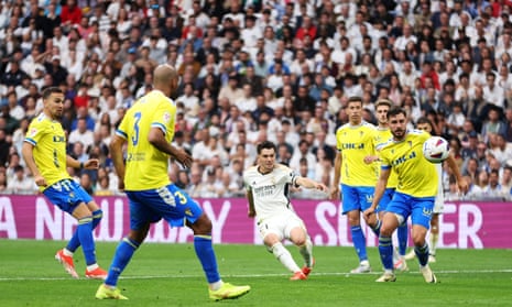 Brahim Diaz scores Real Madrid's first goal against Cadiz.