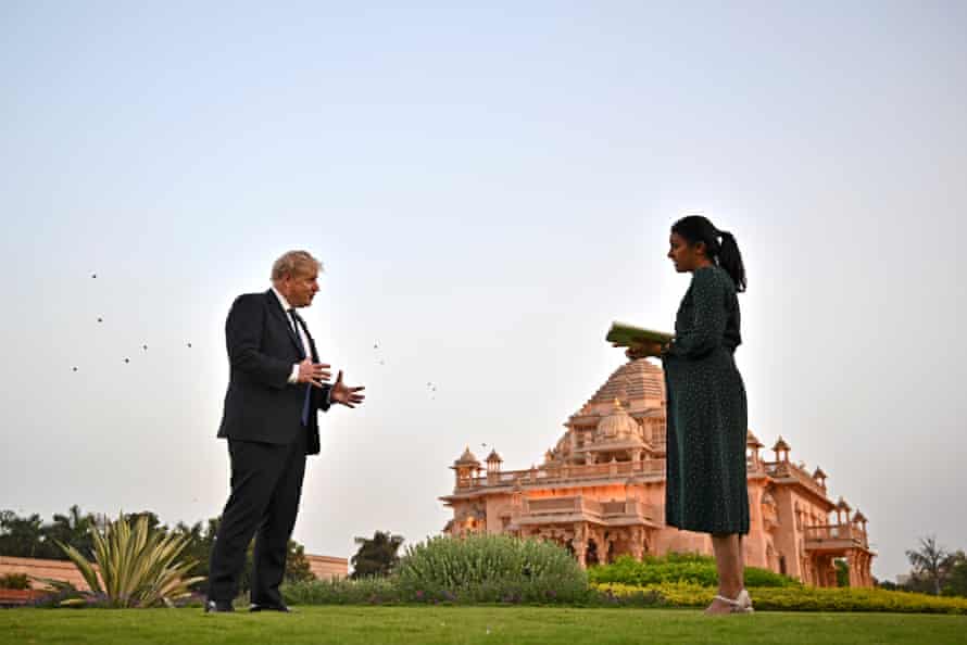 Boris Johnson being interviewed by ITV’s Anushka Asthana inside the premises of the Swaminarayan Akshardham temple in Gandhinagar on April 21, 2022 in Gandhinagar, India.