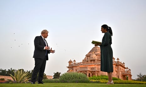 Boris Johnson being interviewed at a temple in Gandhinagar on Thursday.