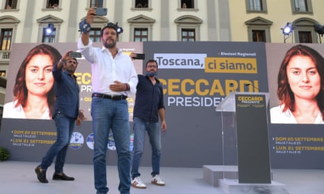 Matteo Salvini (front) at a coalition rally for the League, Brothers of Italy and Forza Italia parties in Florence, Italy, September 2020