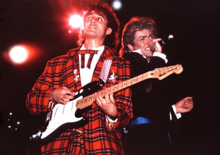 Andrew Ridgeley and George Michael on stage as Wham! in London in 1984.