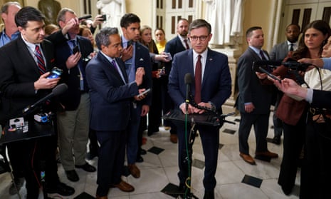 US House Speaker Mike Johnson speaks to the media after his spending bill was passed in the House of Representatives.