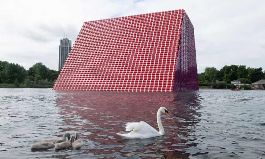 The Mastaba by Christo with swans in London’s Hyde Park.