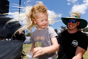 Three-year-old Henry Butterworth of Coffs Harbour shakes out his mullet after judging.