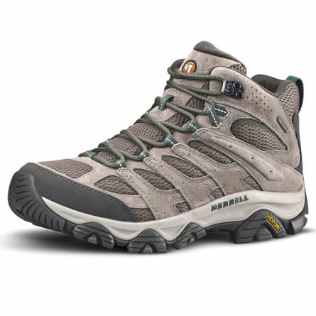 A Merrrell Moab hiking boot in light brown.