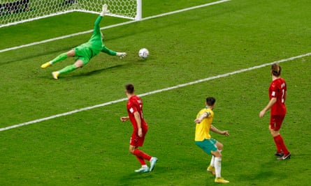 Mathew Leckie scores Australia’s winning goal against Denmark