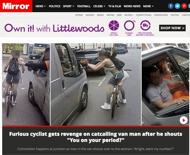 Screengrab of the Mirror website with a lead story on an unverified viral video of a woman getting her revenge on catcalling men in a van.