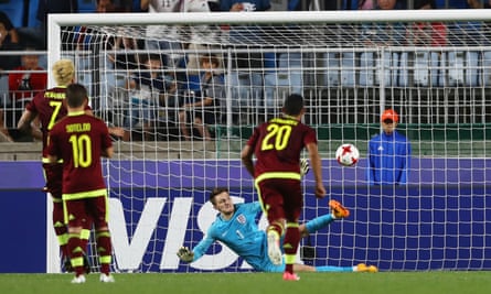 England’s Freddie Woodman saves a penalty from Adalberto Peñaranda of Venezuela in the Under-20 World Cup final.