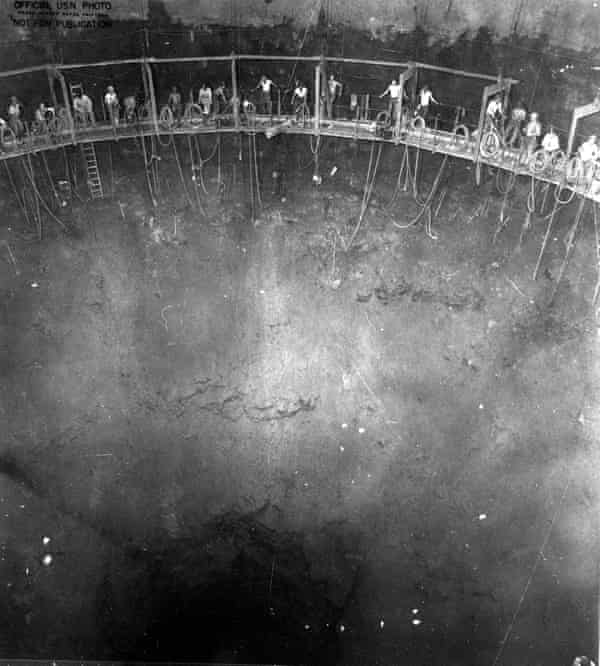 This 1942 navy photo shows miners building one of the 20 fuel tanks of Red Hill underground fuel storage facility at Pearl Harbor, Hawaii.