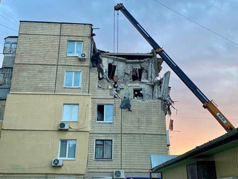 This picture, supplied by Ukraine’s emergency services, shows a residential building damaged by a military strike in a location given as the town of Nikopol, Dnipropetrovsk region.