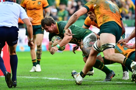 Kwagga Smith scores a try for the Springboks as they recovered from last week’s surprise defeat to the Wallabies.
