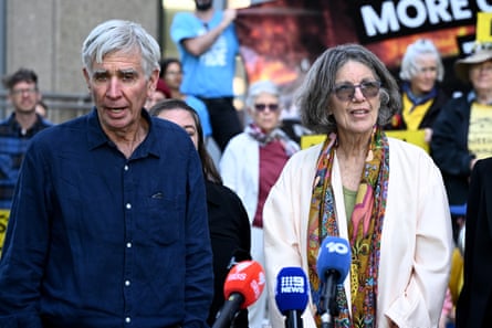 Activists Tony Lonergan (left) and Wendy Wales outside the court.