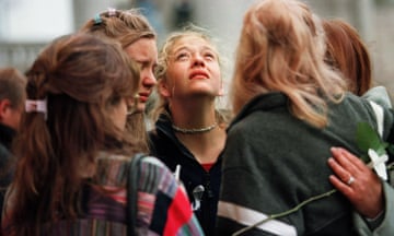High school students gather in memory of the victims of the tragedy at Columbine High School in 1999.