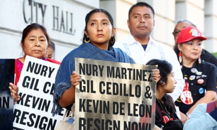 Protestors demanding outside City Hall calling for the resignations of Kevin de León, Gil Cedillo and Nury Martinez.