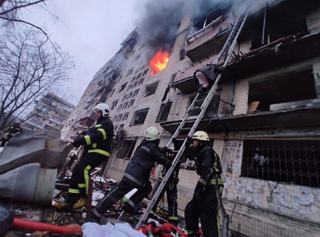 Two people were killed and three injured when a shell hit a residential building in north-west Kyiv on Monday morning.
