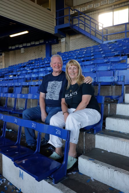Steve and Jayne Jones, founder members of the Croston Blues fan club, sit in their seats. Jayne has sat in the same seat for 35 years and Steve has sat in every stand of the ground over the course of his life