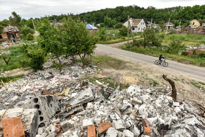 Residential buildings completely reduced to rubble by airstrikes in Novoselivka village.
