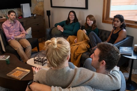 Strong platonic ties are beneficial for a romantic partnership … from left, friends Jamie Patrick, Julia Silbergeld Rhaina Cohen and Sithara Kodali sit across from Christine Hamann and Seth McNew.