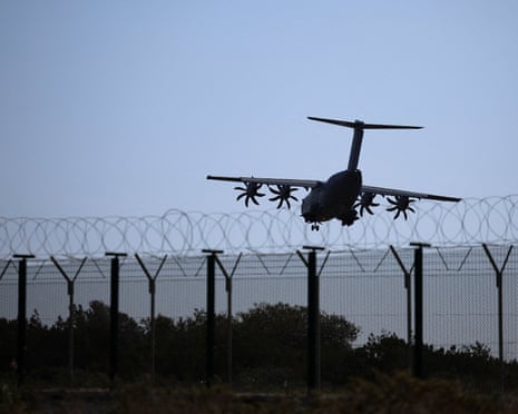 An aircraft prepares to land in RAF Akrotiri, a British sovereign base in Cyprus that was hit by a drone early Monday, causing limited damage, in Cyprus.