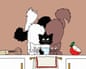 Illustrated cats on a kitchen counter.