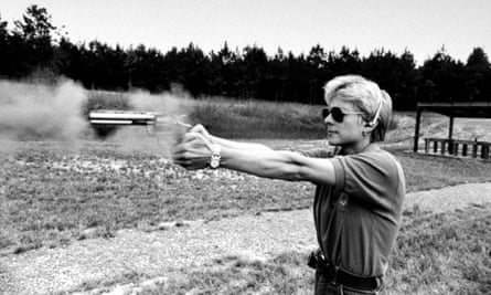Patricia Cornwell at a shooting range in 1992.