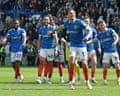 Scorer Ibane Bowat celebrates Portsmouth’s vital win over Leicester at Fratton Park.