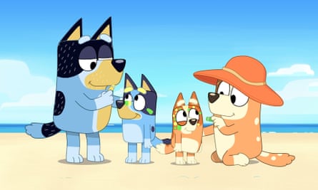 Dad and Mum apply zinc to Bluey and Bingo’s faces in Bluey.
