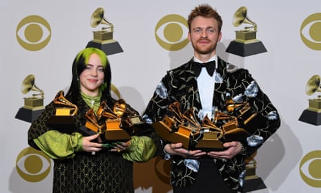 Billie Eilish and her brother and producer, Finneas, with their Grammys haul, 26 January 2020.