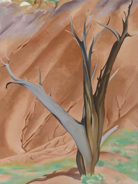 An oil painting of a bare skeleton of a tree in the New Mexico desert, surrounded by sand, sandstone and sparse grasses