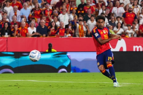 Spain’s Lamine Yamal scores their opening goal.