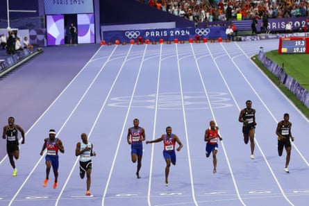 The Botswana sprinter Letsile Tebogo (third left) cruises home to win the men’s 200m at the Stade de France