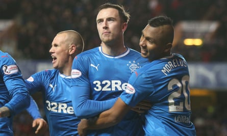 Rangers’ Danny Wilson (centre) celebrates scoring his side’s second goal of the game against Ross County.