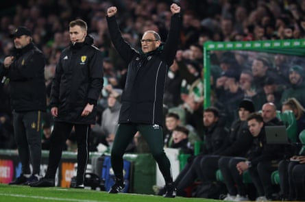 The Celtic interim manager, Martin O’Neill, celebrates his team’s third goal against Falkirk.